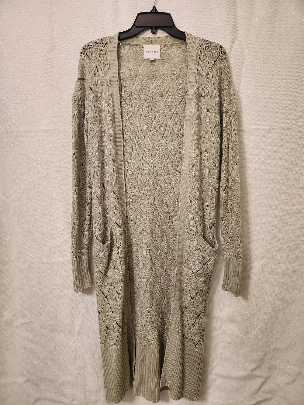 Pink Rose Open-Front Long Knit Cardigan in Light Sage